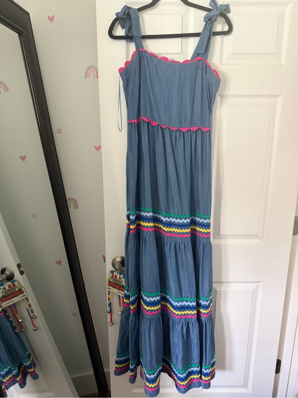 Crown and Ivy Denim Maxi Dress with Pink Trim and Rainbow Accents